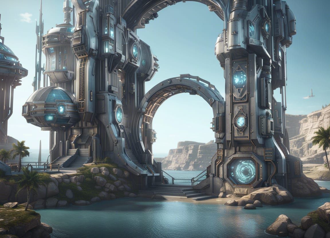 Magical Mech Cityscape with Wizard and Portals