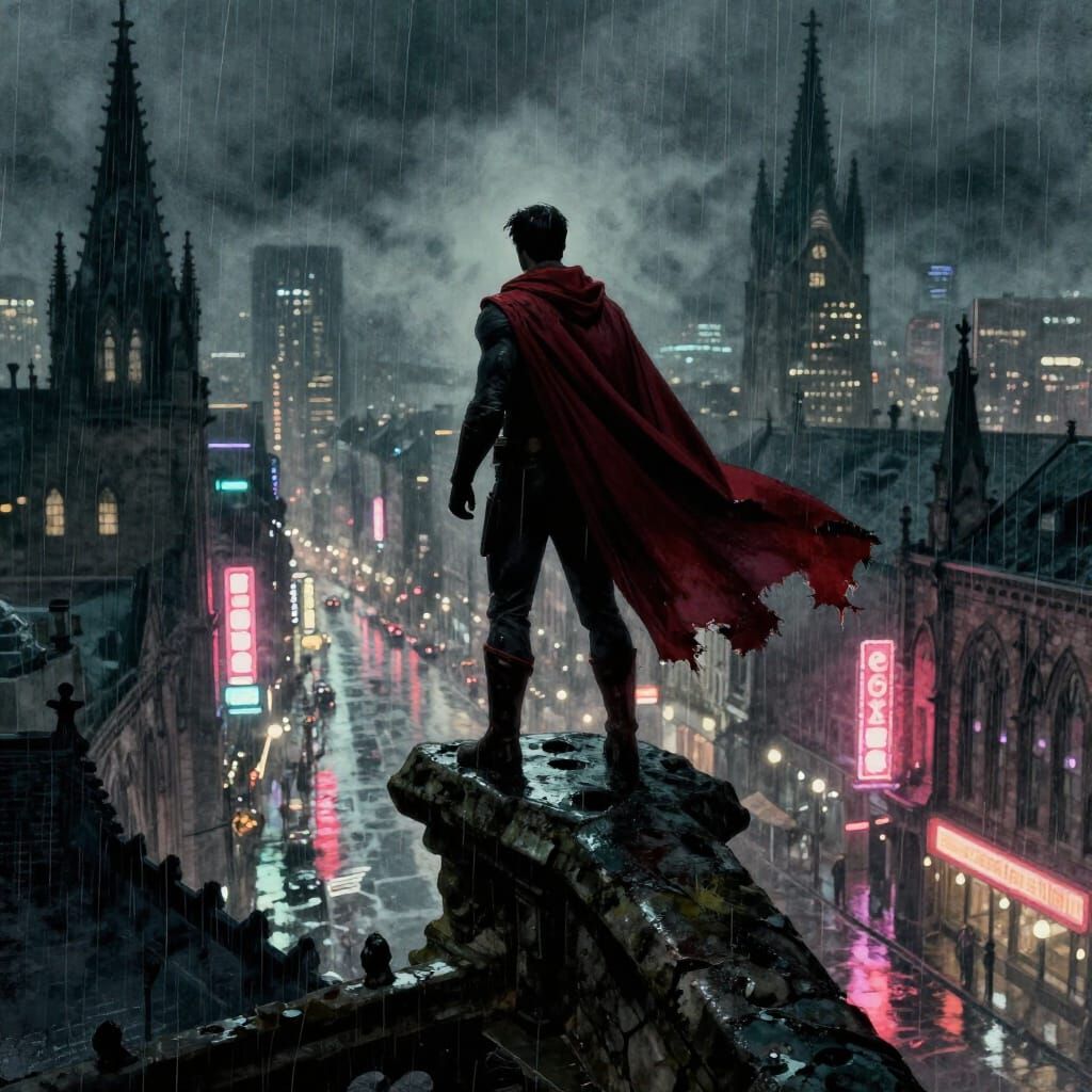 Superhero Vigil on Gothic City Rooftop