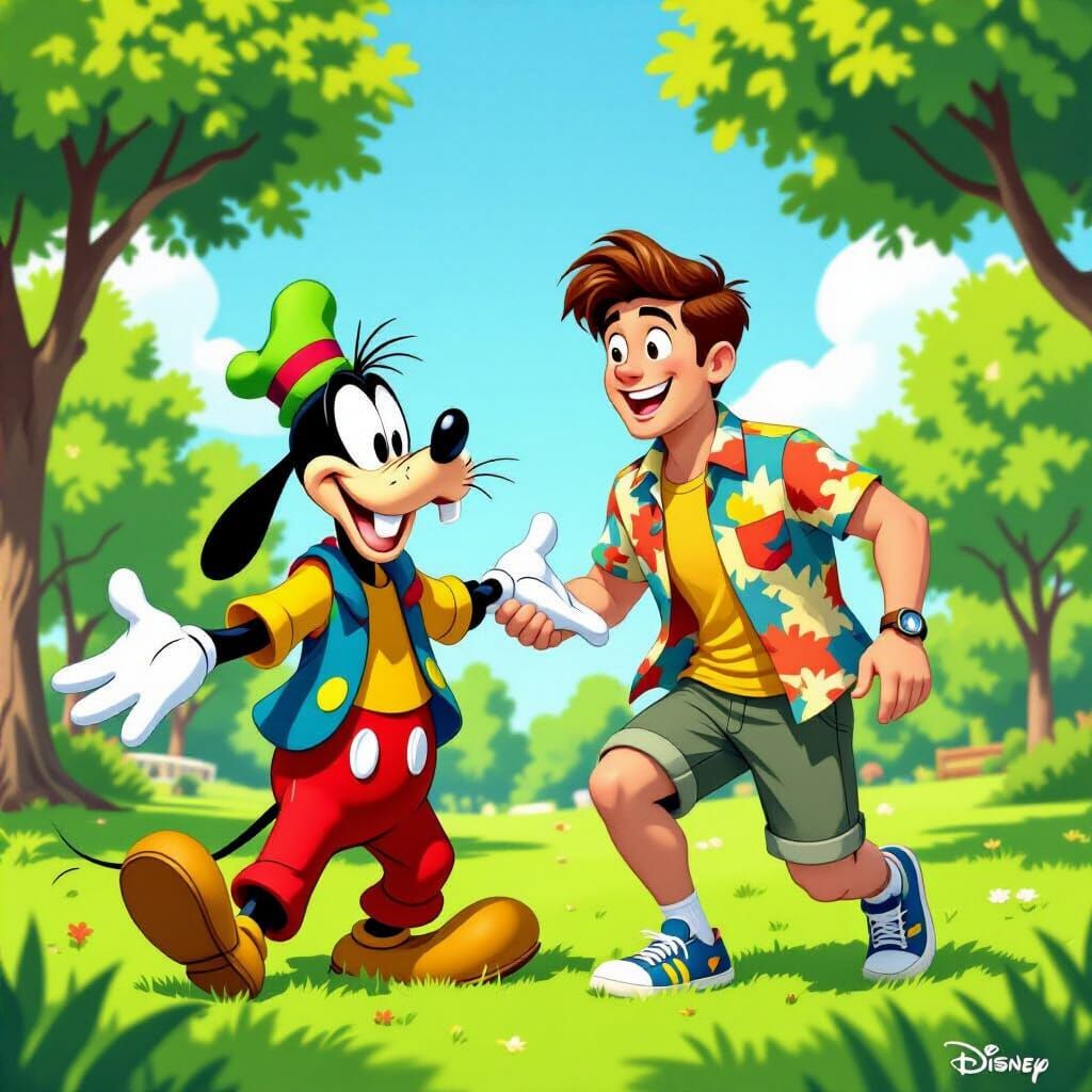 Goofy and a Handsome Man Play in Sunny Park