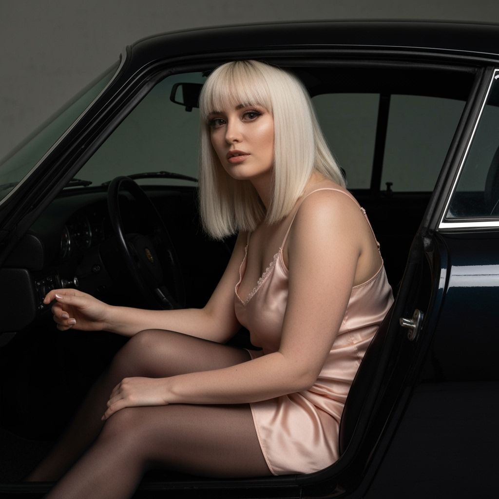 Housewife Poses in Classic Porsche, Boudoir Style