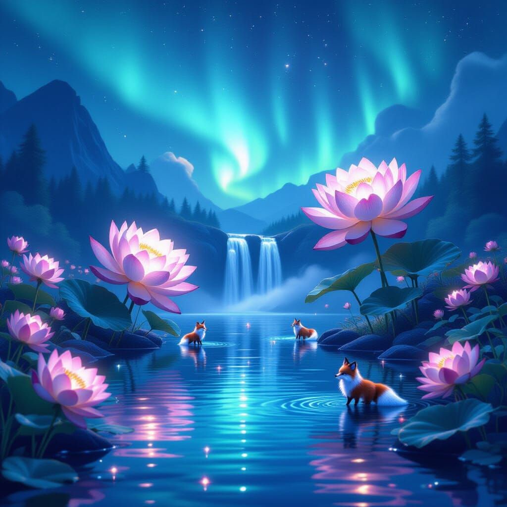 Glowing Lotus Lake Under Aurora Borealis, WLOP Style