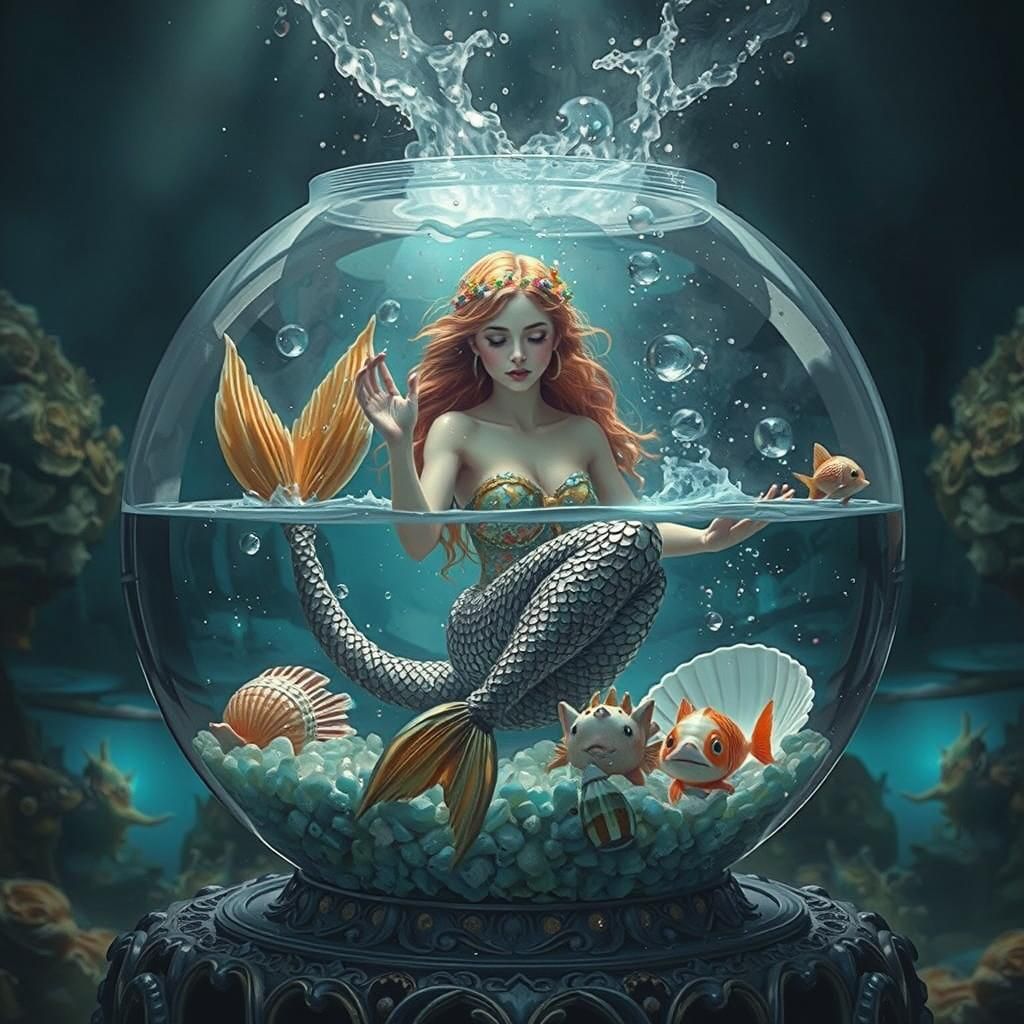 Mermaid Bathing in Fishbowl, Neo-Impressionist Oil Painting