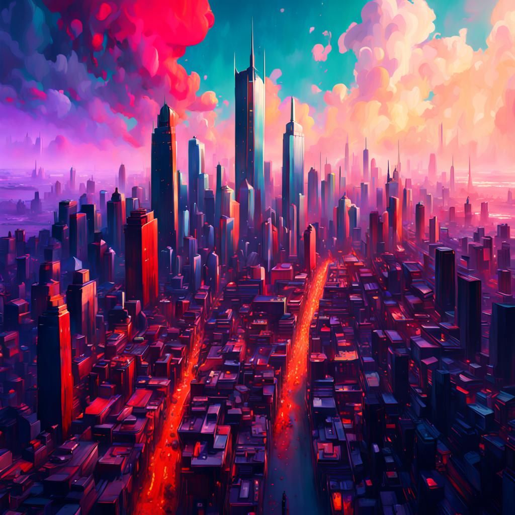 Minimalist Cityscape in Bright Colors, Digital Art