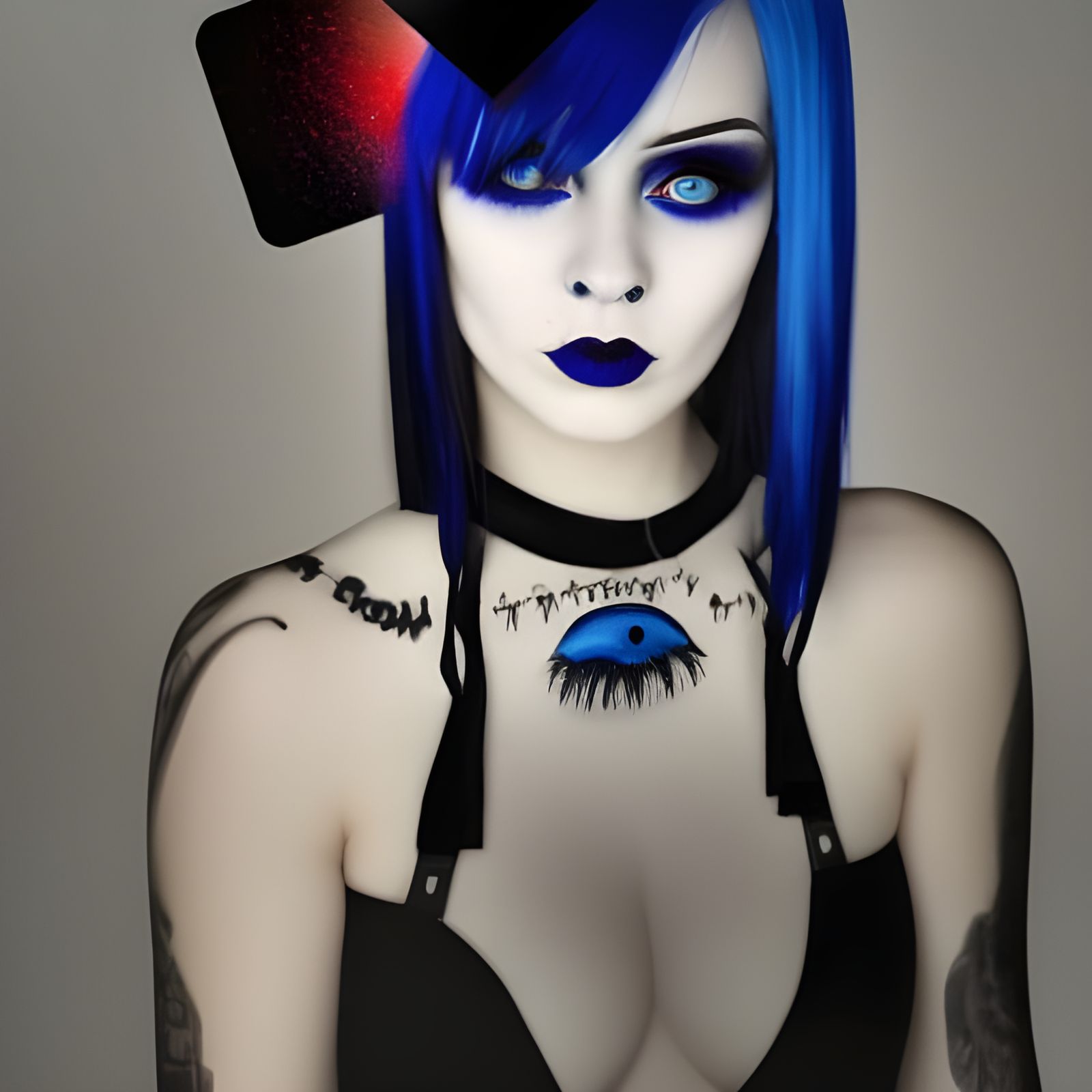 Gothic young lady with cobalt blue hair with crimson red highlights& Black highlights& sapphire blue eyes& smoky black e...