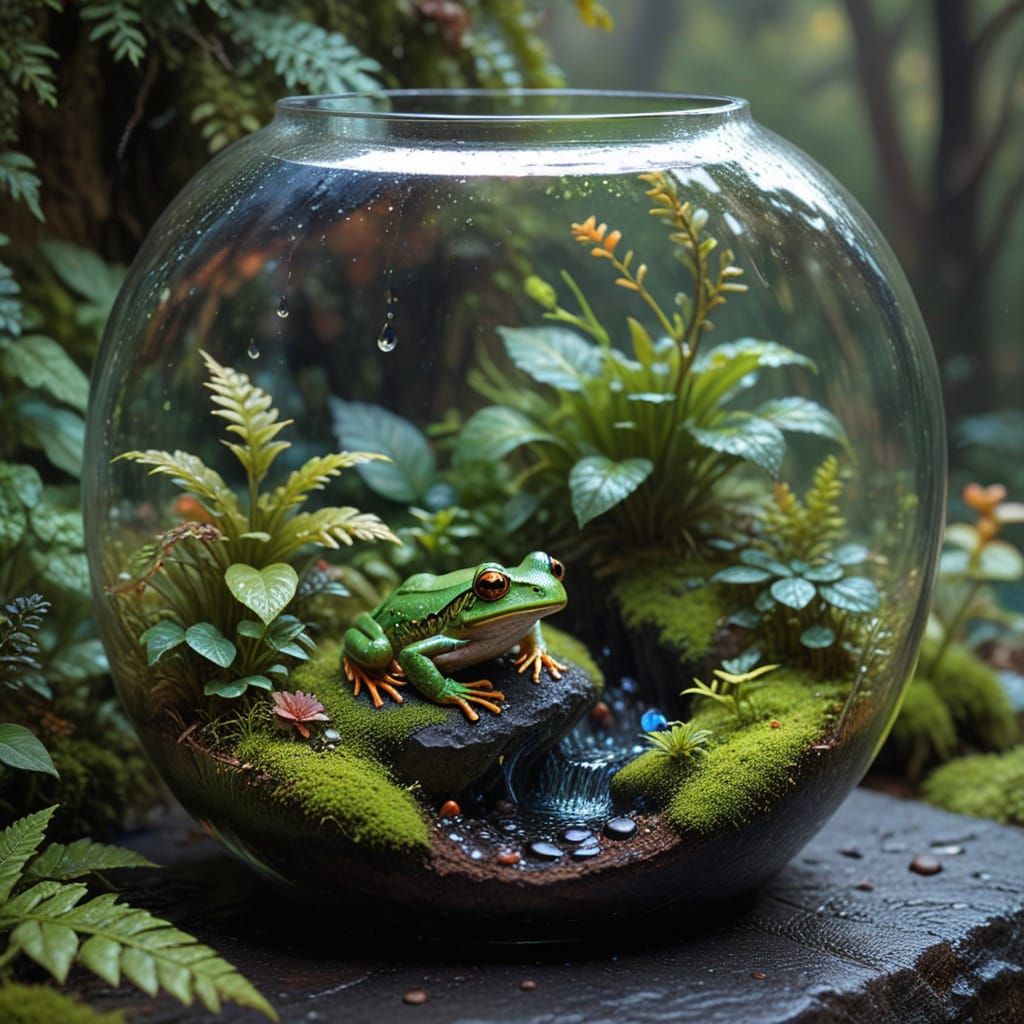 Whimsical Terrarium Scene in Impressionist Oil Painting Styl...