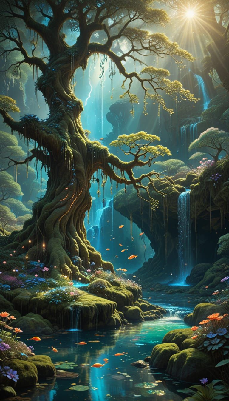 Cosmic Oasis in Ancient Tree, Illuminated by Bioluminescent ...