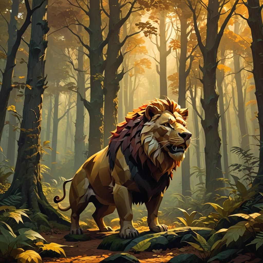 Pig-Lion Creature in Forest: Low Poly Fantasy Art
