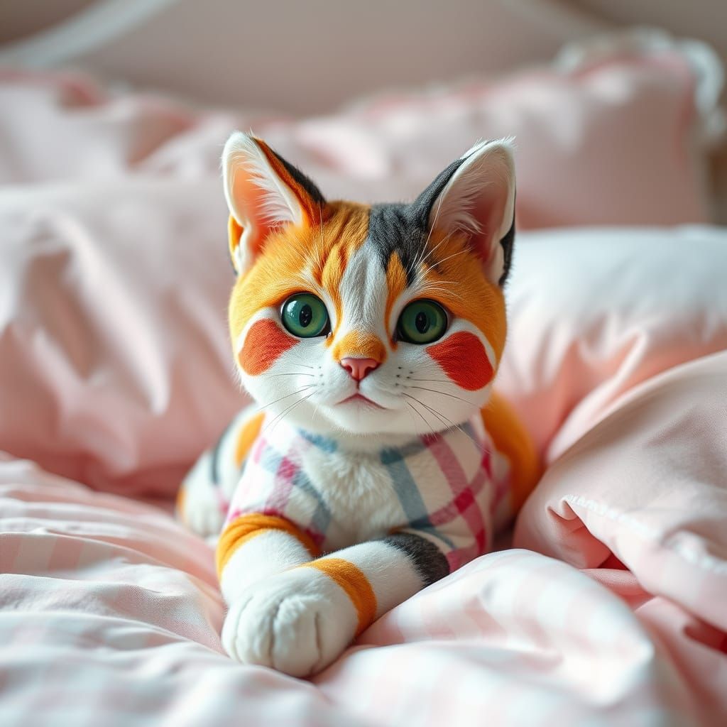 Whimsical Calico Cat Plushie in Gingham Print Fabric