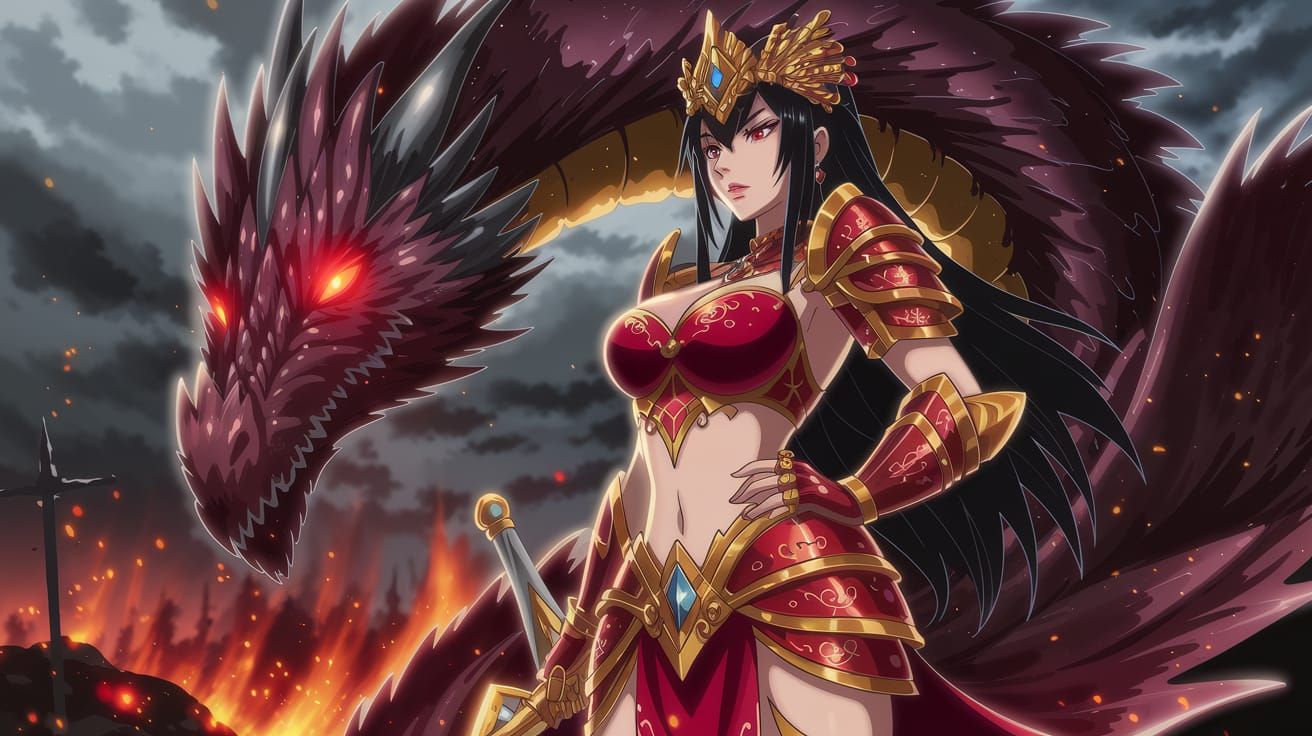 Anime Warrior Princess Stands Beside Majestic Dragon in Epic...