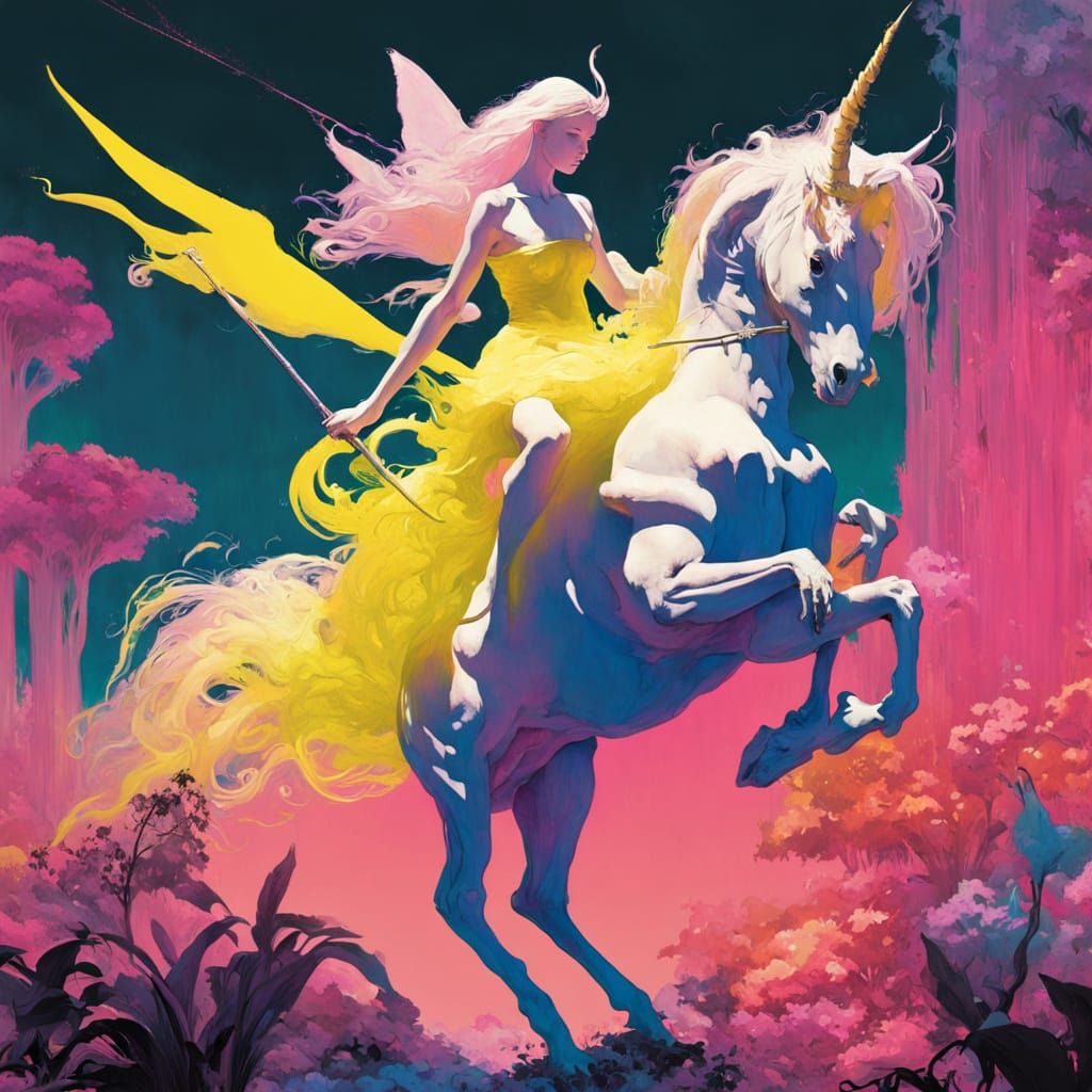 Ethereal Fairy Rides Unicorn in Dreamlike Neon Garden