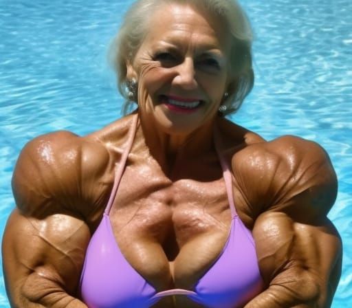 Muscular Bodybuilder Grandma in Swimming Pool
