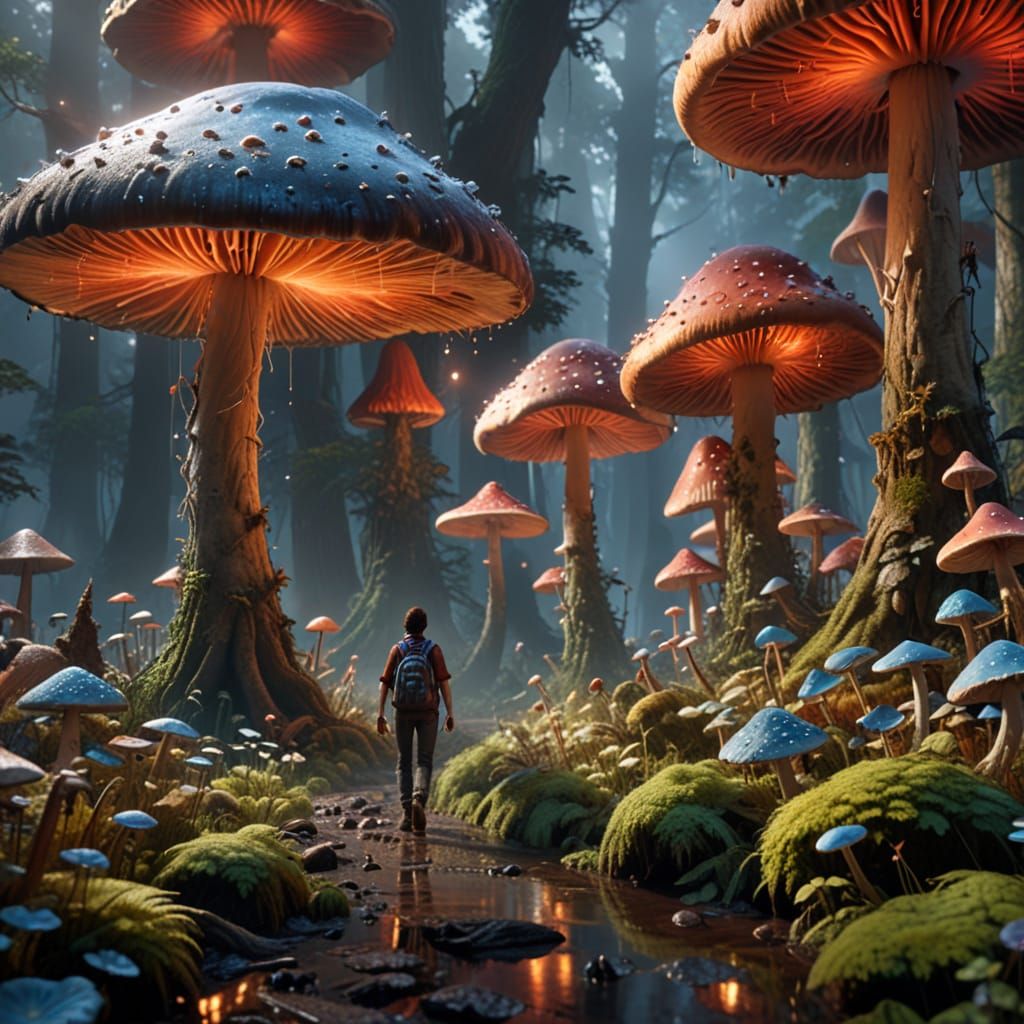 Ethereal Forest of Giant Mushrooms in Vibrant Colors
