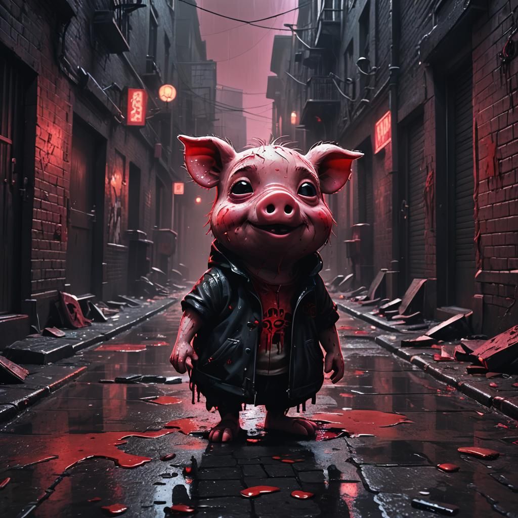 Sinister Pepe Pig in Dark Fantasy Alley