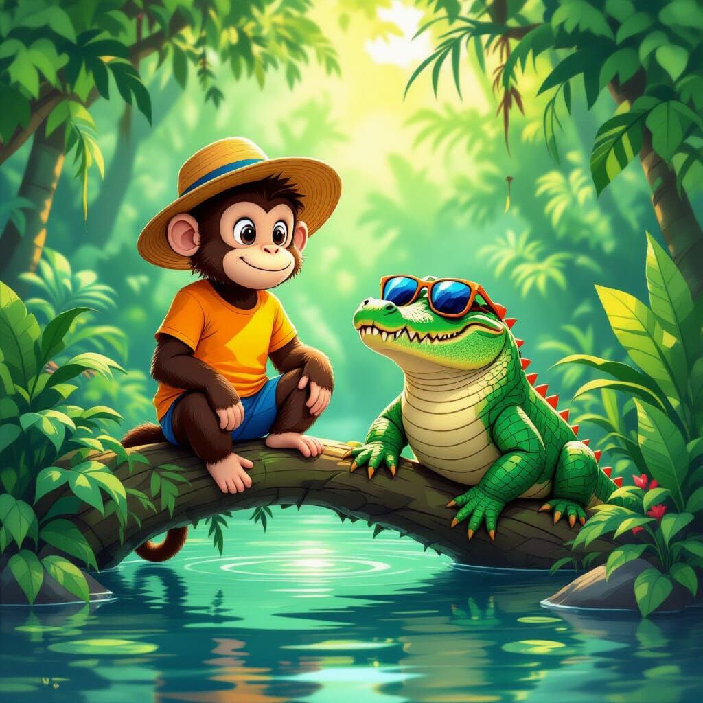 Friendly Monkey and Crocodile in Vibrant Jungle Digital Art