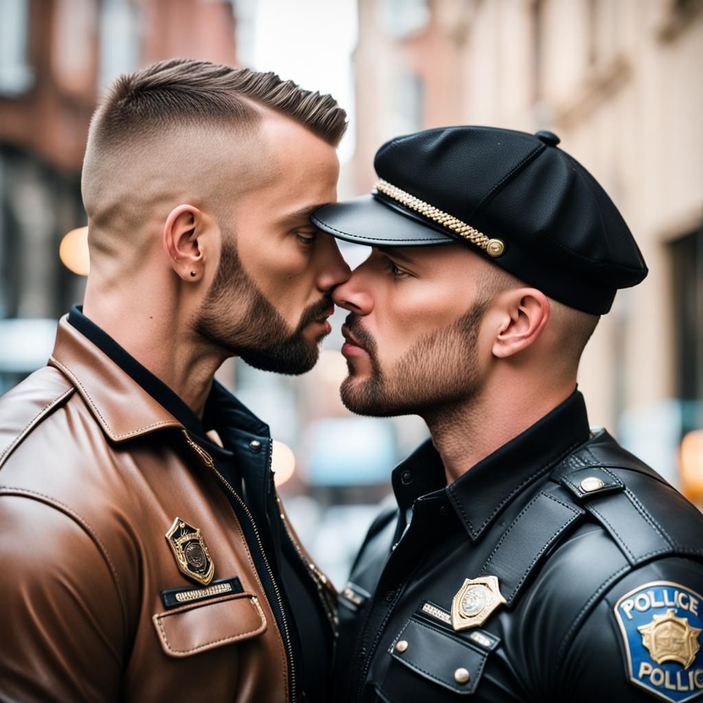 Muscular Men Kissing in Leather Attire: Professional Photo