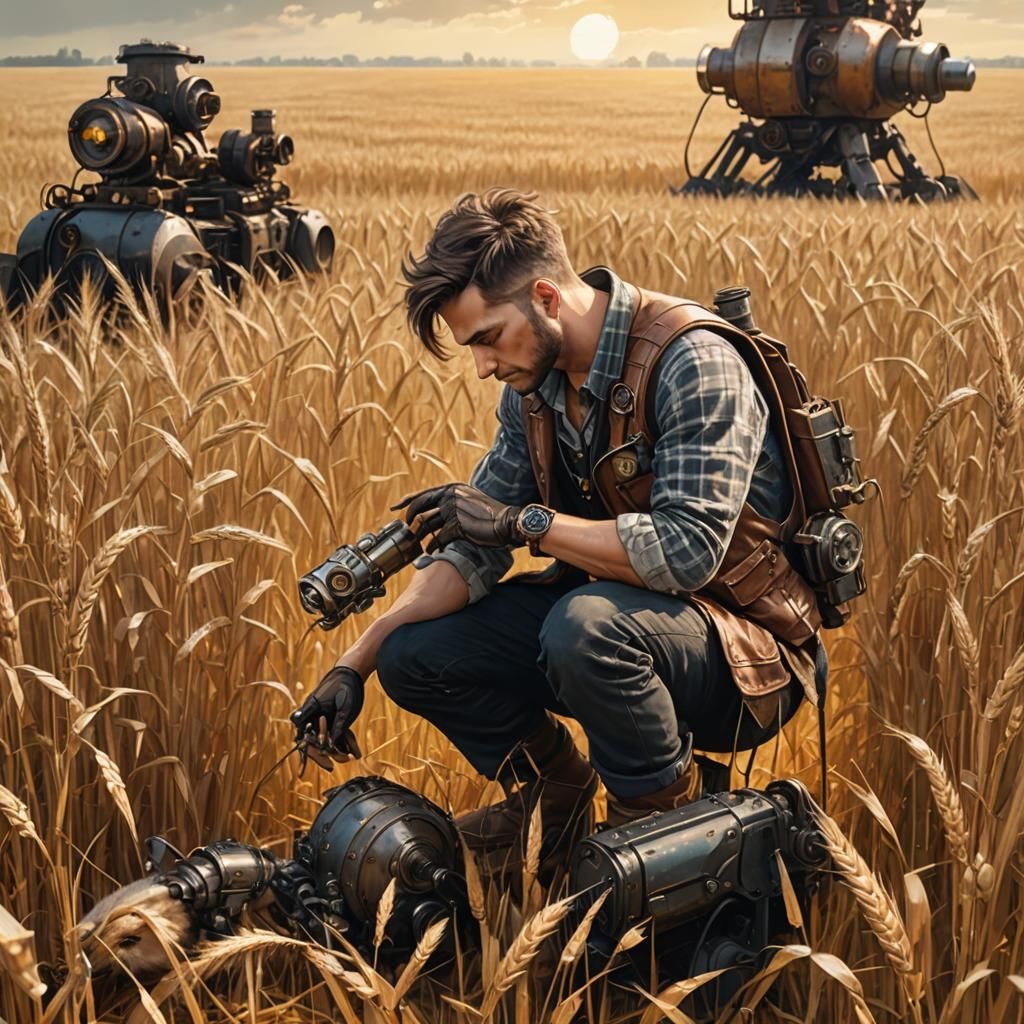 Steampunk Explorer Crouches in Wheat Field with Mechanical G...