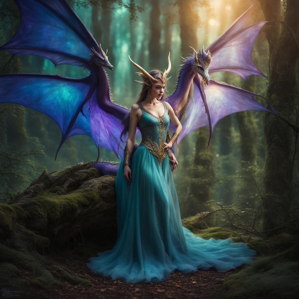 Medieval Dragon and Fairy in Magical Forest