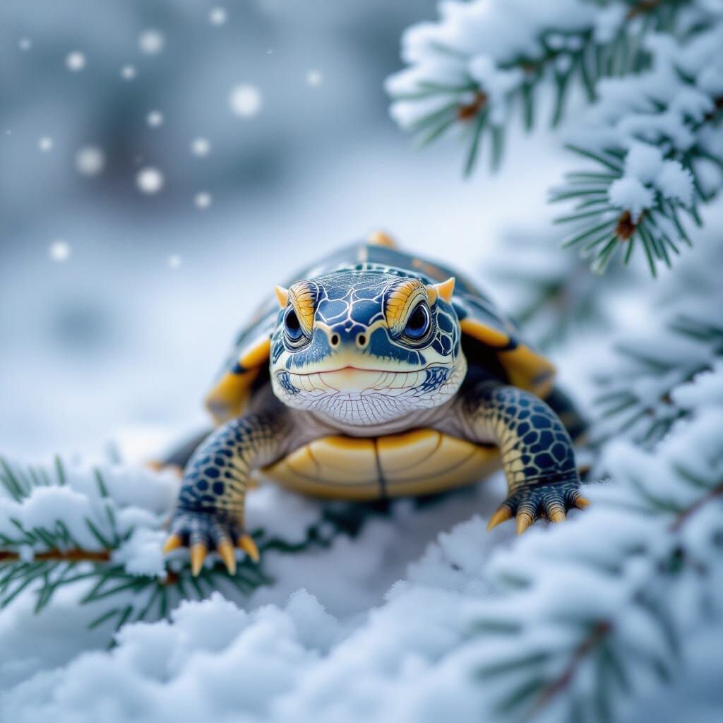 Tiny Baby Turtle Dragon in Winter Wonderland