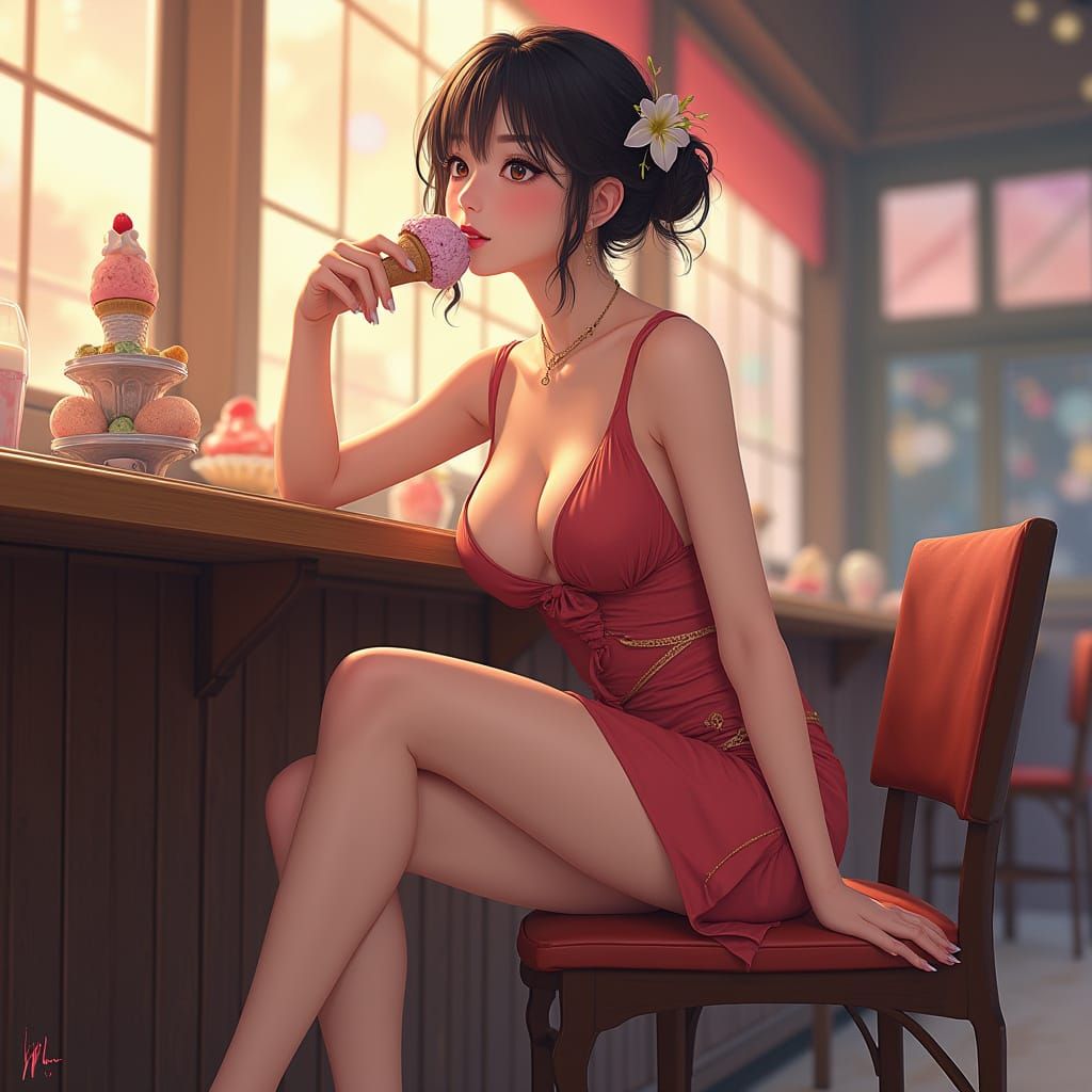 Elegant Anime Woman Savoring Ice Cream in 3D Art