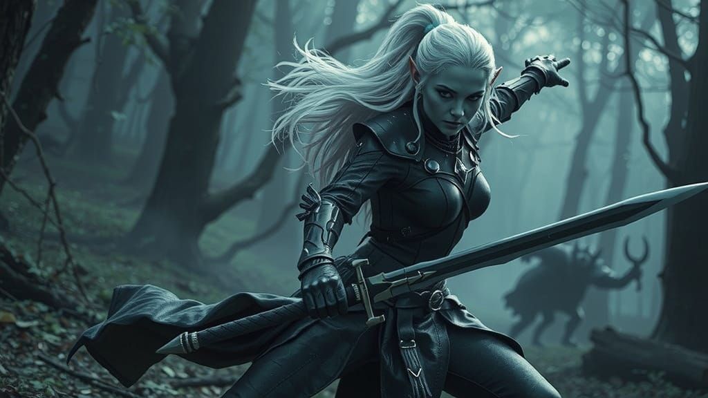 Elf Warrior in Mystical Forest, Hyperrealistic Style