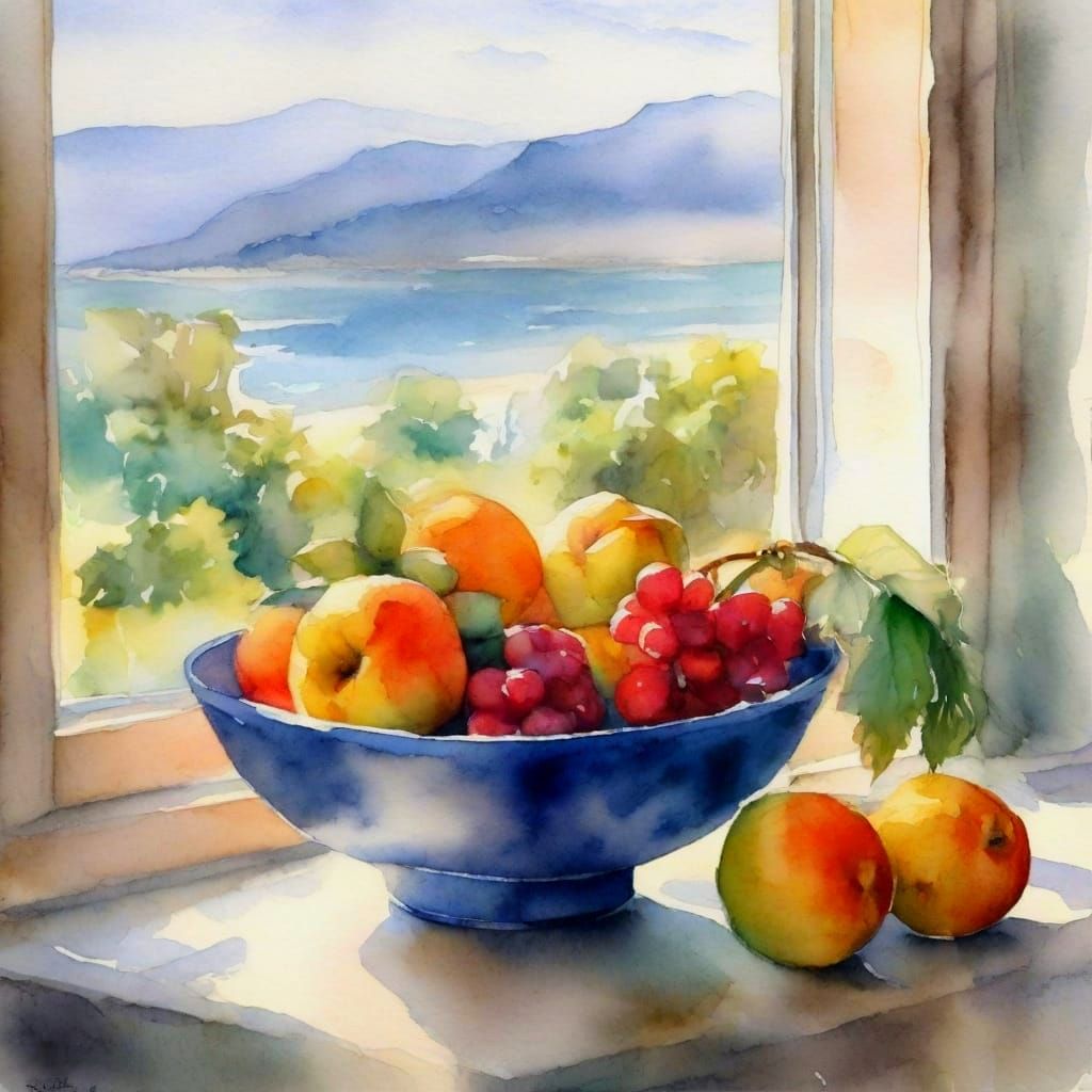 watercolor bowl of fruit on window sill with ocean and mount...