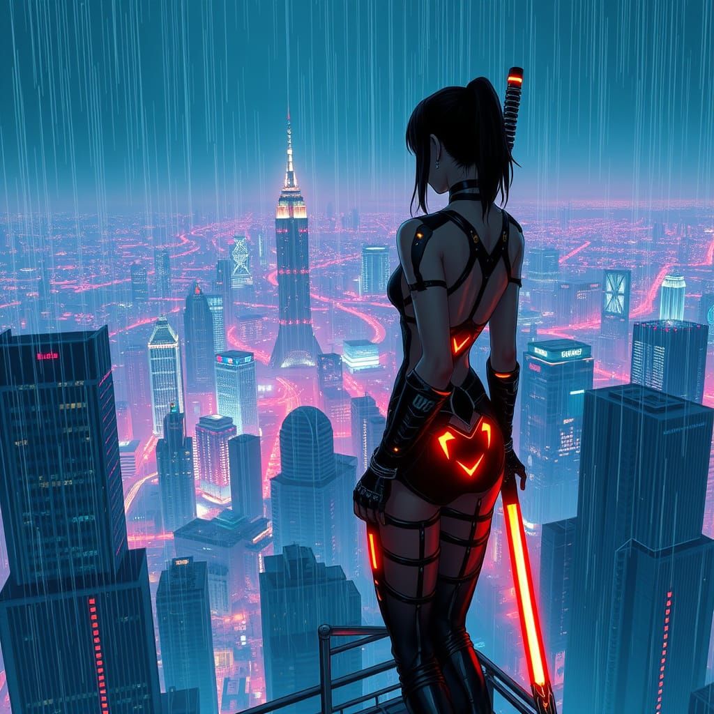Cyberpunk Samurai Goddess Reigns Over Neon Metropolis