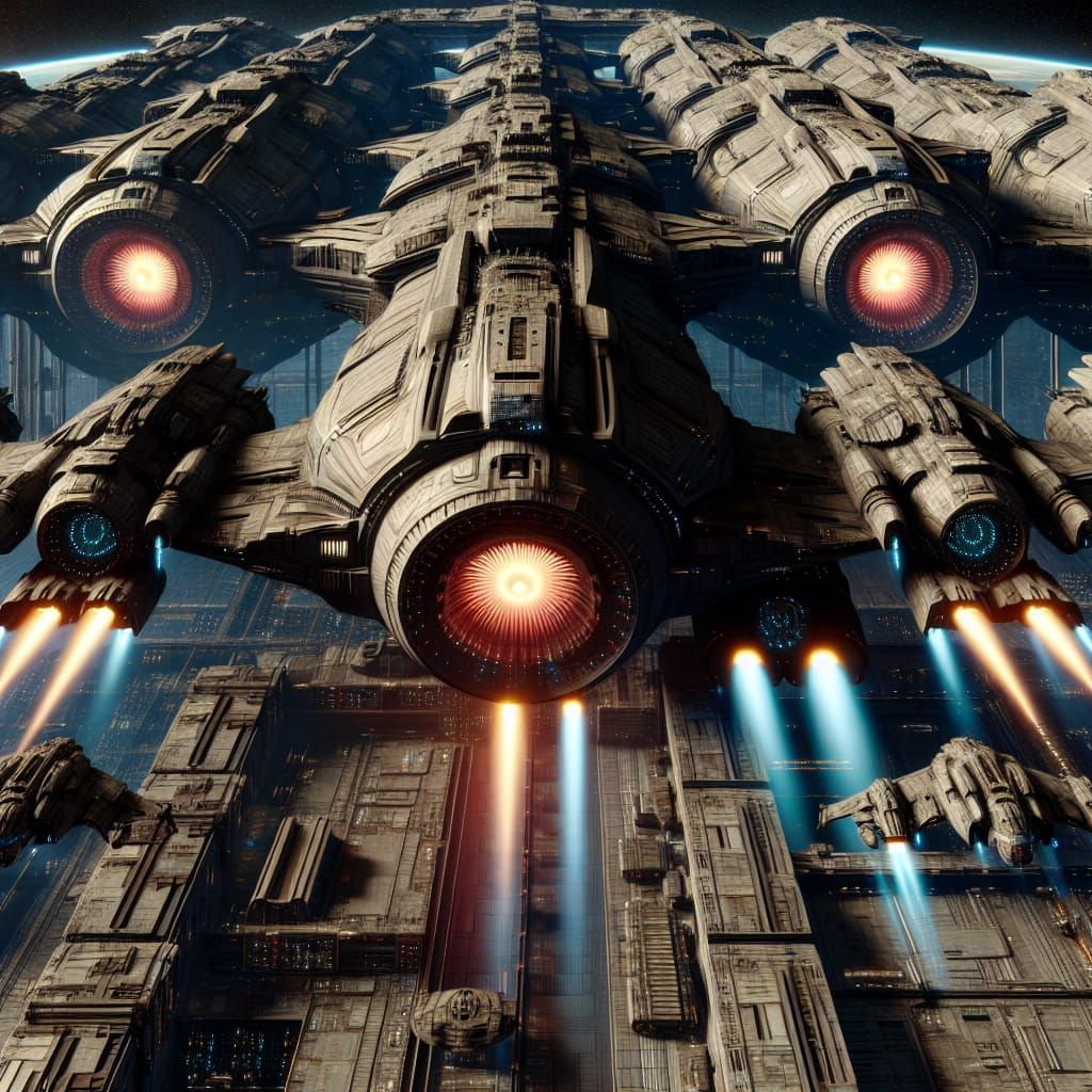 Fleet of Spaceships Above Space Station