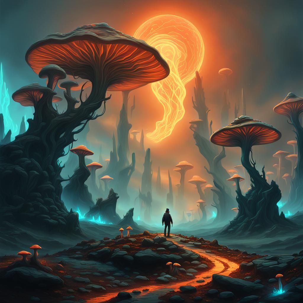 Surreal Alien Landscape with Lone Traveler