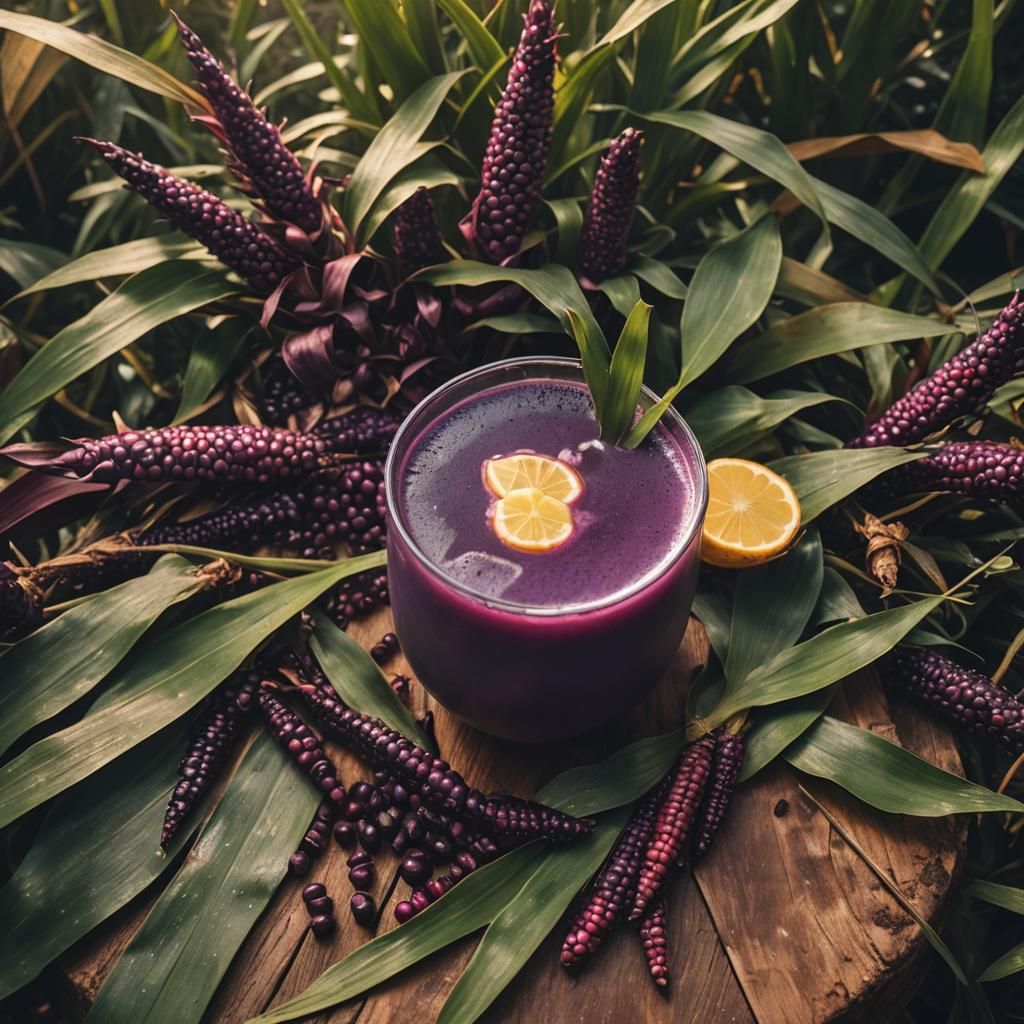 Purple Corn Drink with Fruit in Golden Light