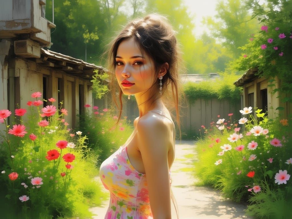 Woman Dancing in Sunny Garden: Impressionist Style