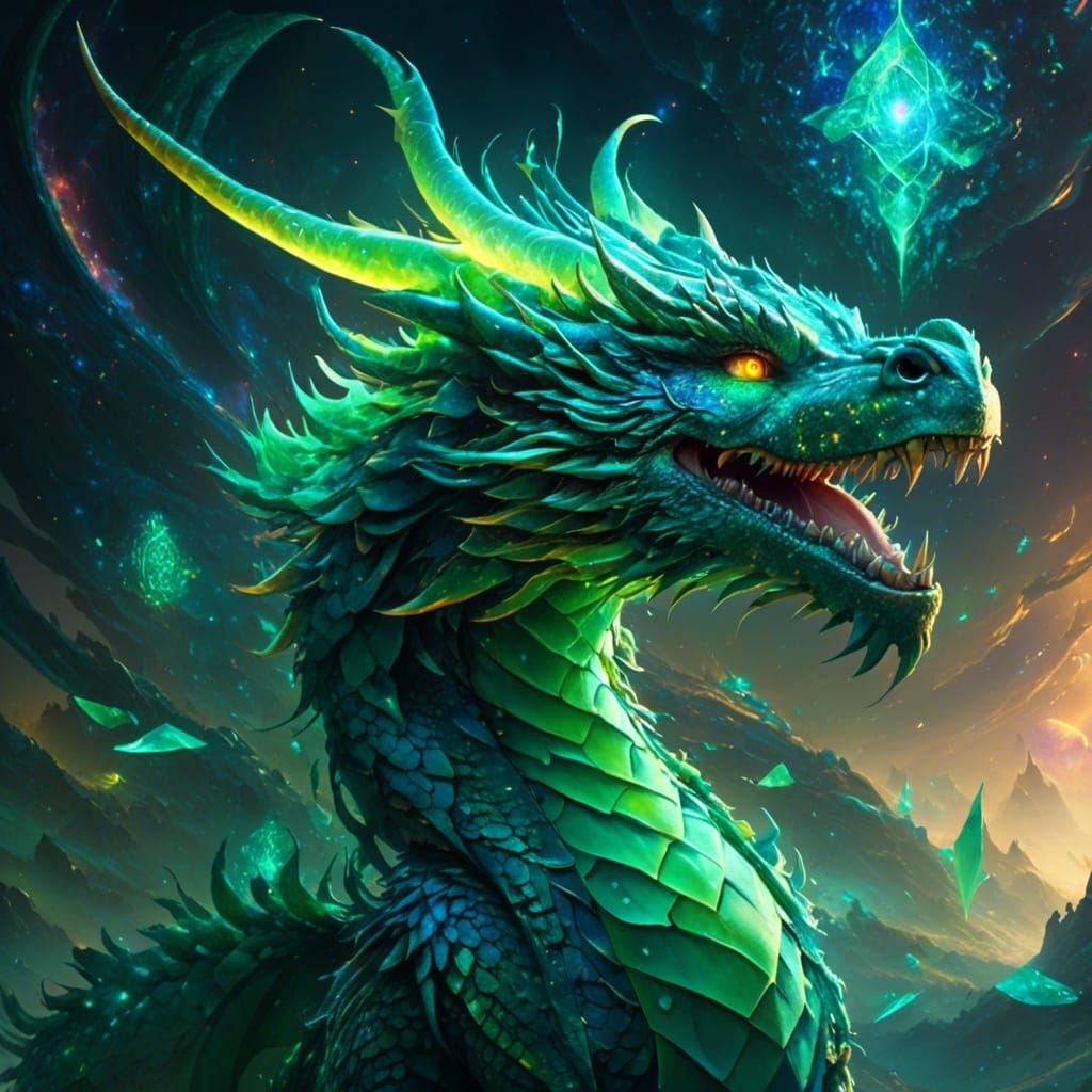 Fluffy Dragon with Glowing Runes Under Galaxy Sky