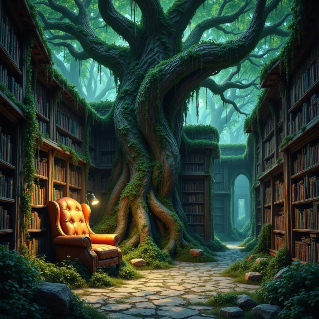 Enchanted Forest Library with Glowing Tree and Ancient Tomes