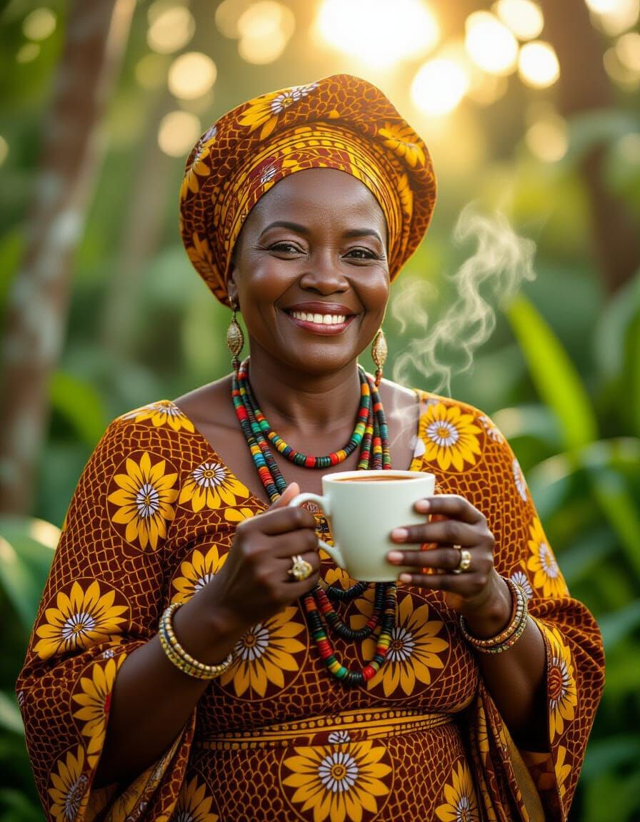 African Woman Enjoys Hot Chocolate in Surreal Jungle