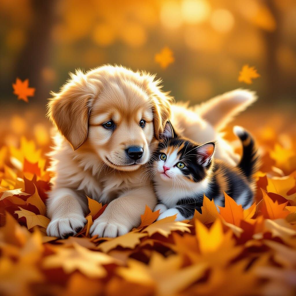 Puppy and Kitten Play in Autumn Leaves