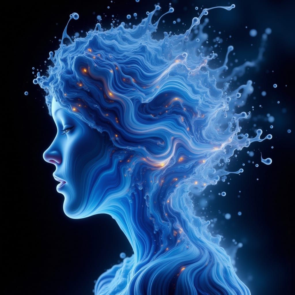 Luminous Blue Swirls Form Serene Woman's Face