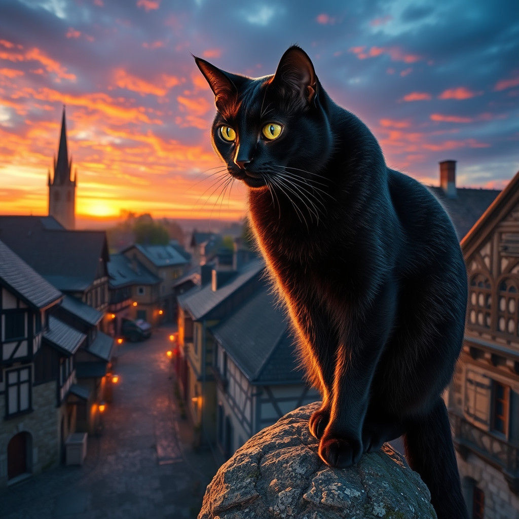 Black Cat Overlooking Historic Town at Sunset