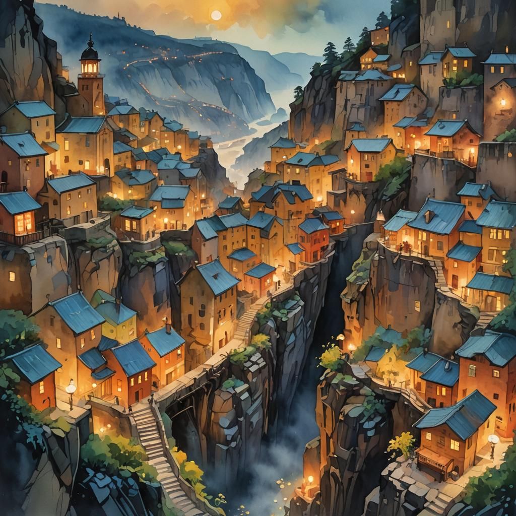 Cliffside Metropolis in Impressionist Gouache Style