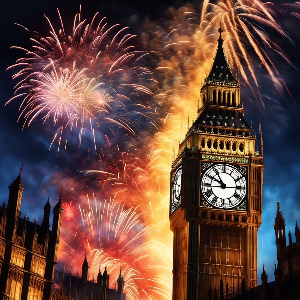 Big Ben Strikes Midnight with New Year Fireworks
