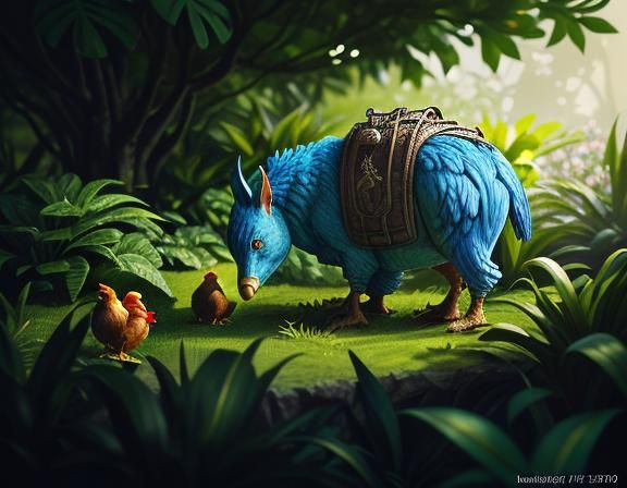 Hobbit Surrounded by Hens in Fauvist Style