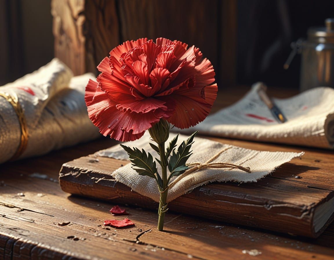 Vibrant Still Life Masterpiece with Badge, Carnation, and Ba...