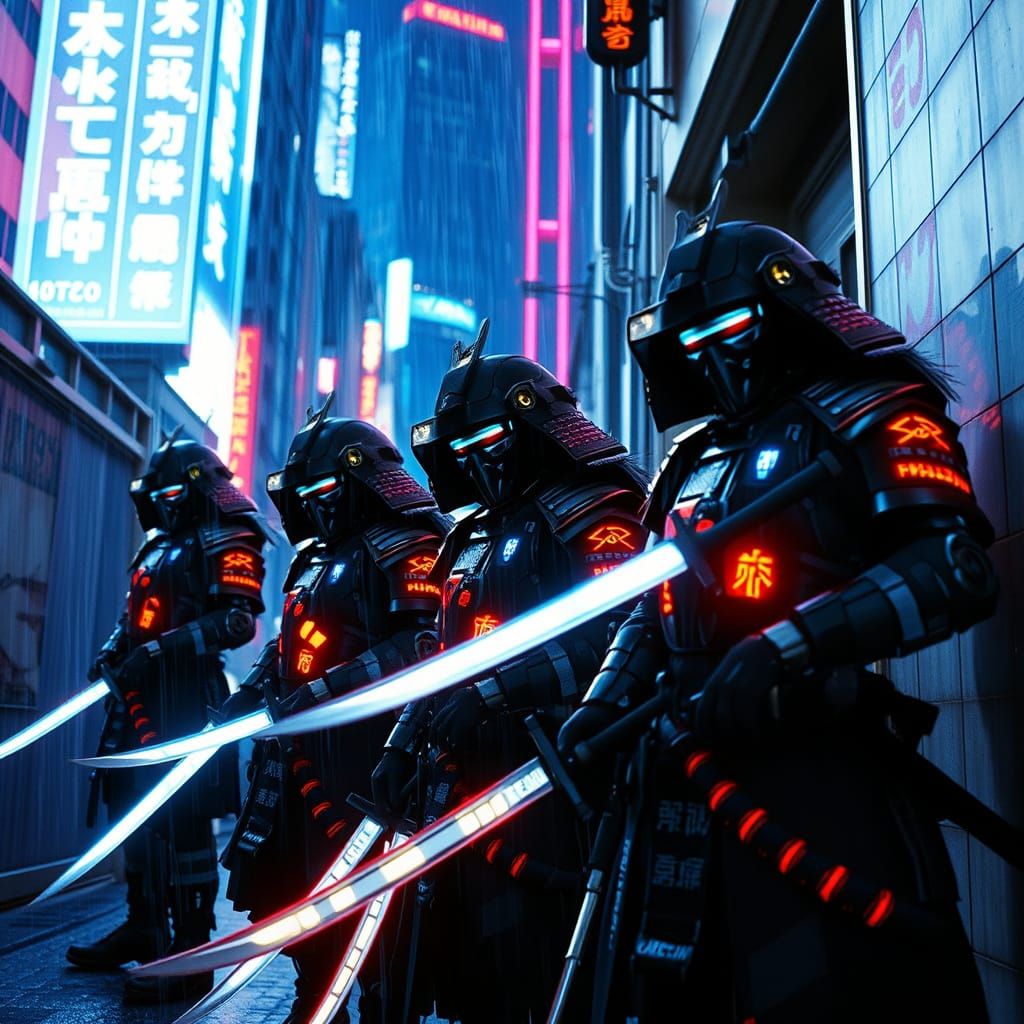 Cyberpunk Samurai Warriors Guard Neon Tokyo Alleyway