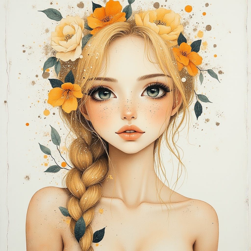 Pretty Woman Portrait with Flowers in Watercolor and Pencil ...