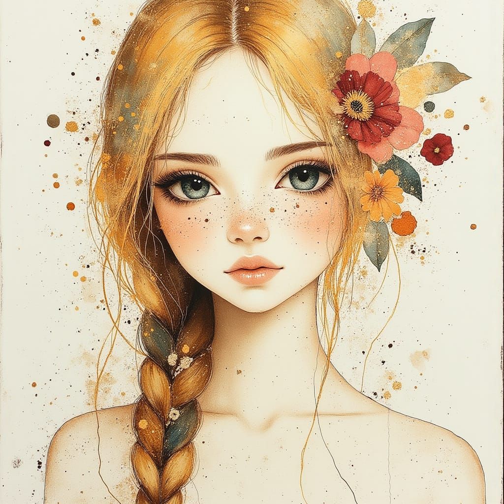 Pretty Woman Portrait with Blue-Green Eyes and Braid