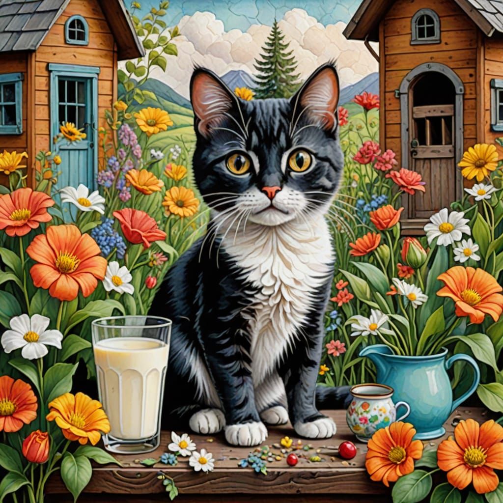 Surreal Cartoon Feline Amidst Whimsical Floral Landscape