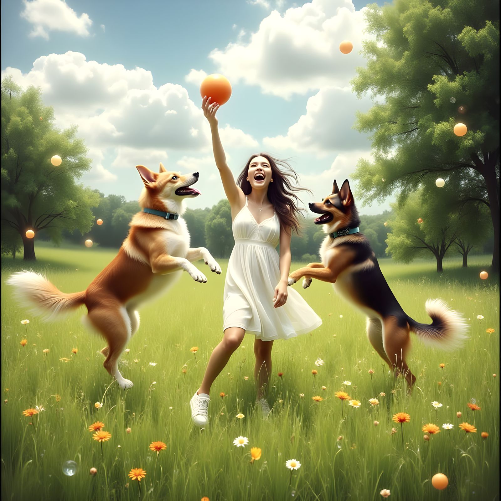 Joyful Moment of Dogs Playing Catch with Ball in Whimsical L...