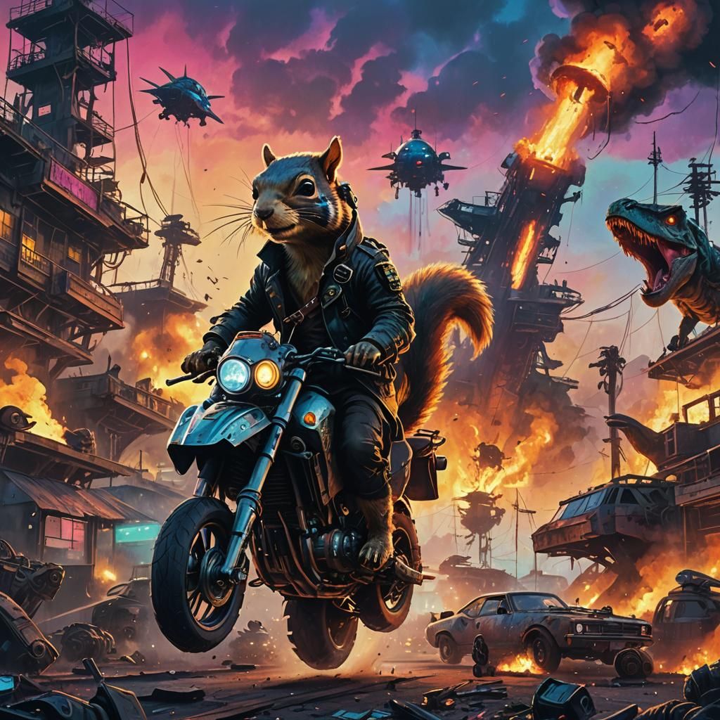 Pirate Squirrel Rides T-Rex in Cyberpunk Junkyard