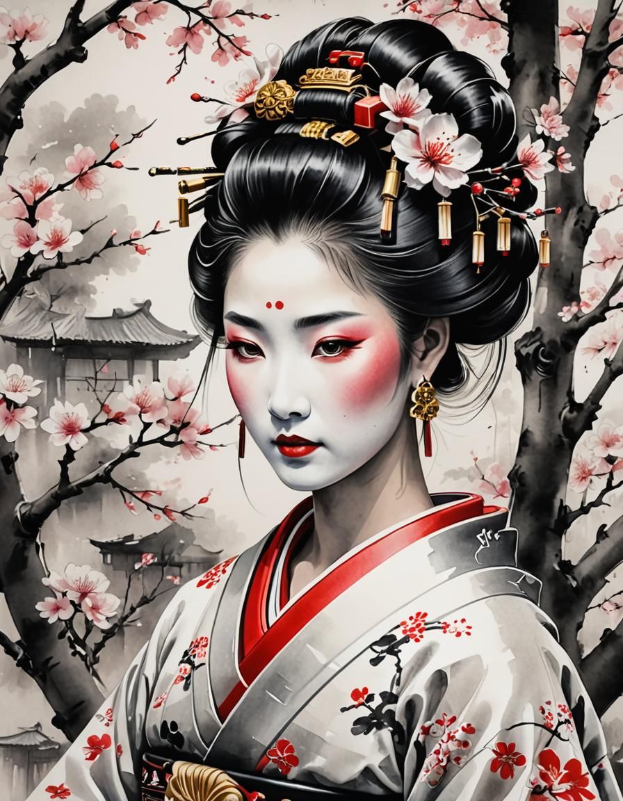 Colorful 3D Geisha Portrait with Blossom Tree