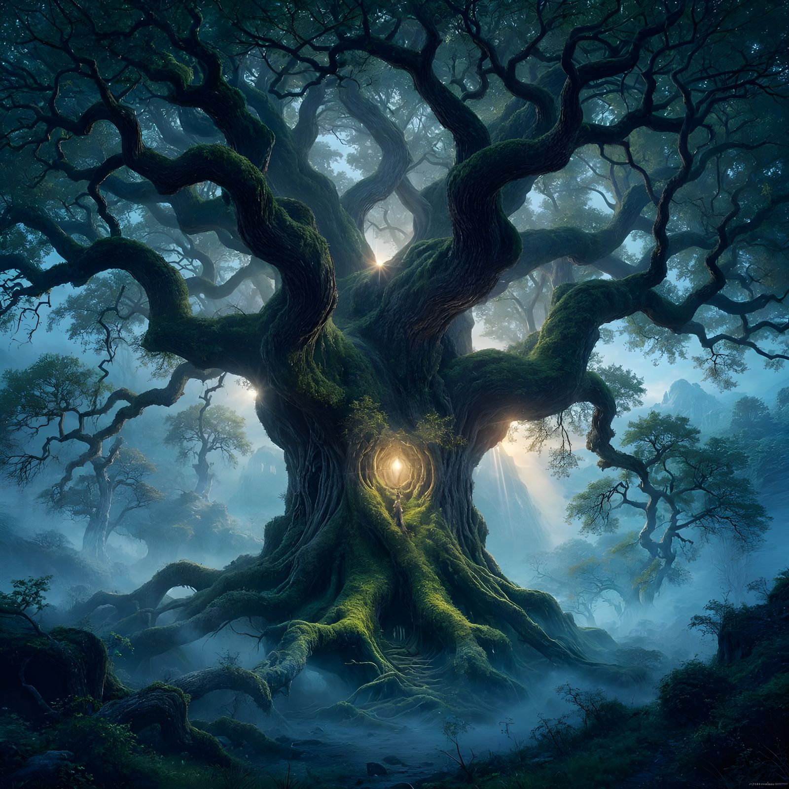 Ancient Oak Tree with Glowing Runes in Twilight Mist