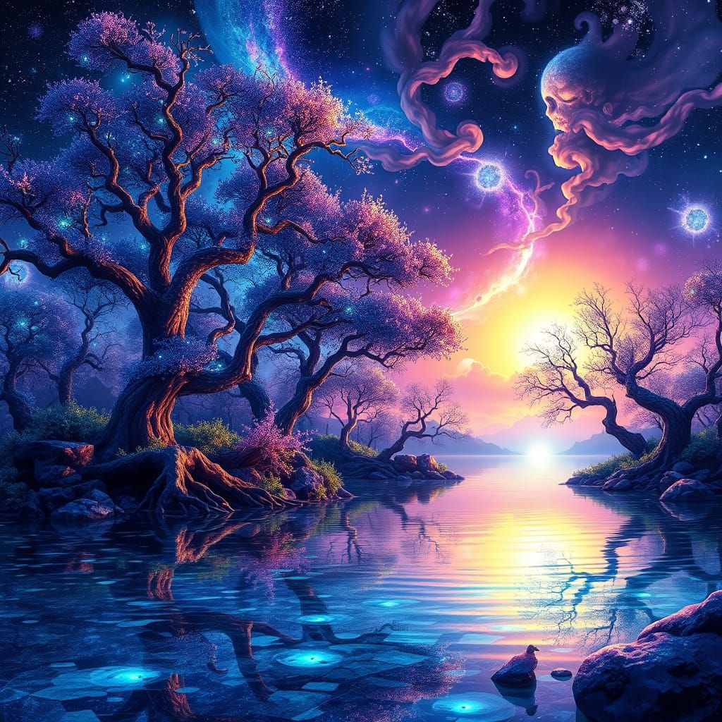 Surreal Cosmic Landscape with Twisted Trees and Swirling Gal...