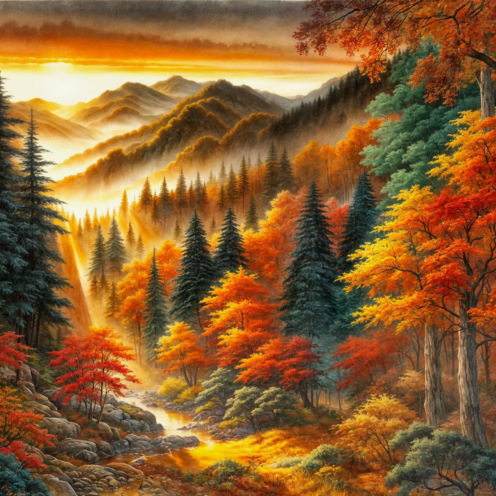Autumn Forest Serenity: Chinese Watercolor Landscape